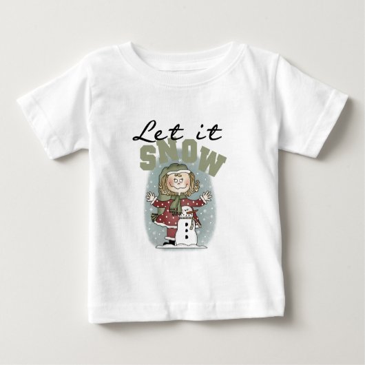 女の子と雪だるまが雪のTシャツを手放す ベビーTシャツ (正面)