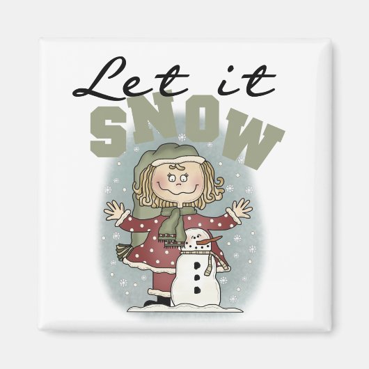 女の子と雪だるまが雪のTシャツを手放す マグネット (正面)