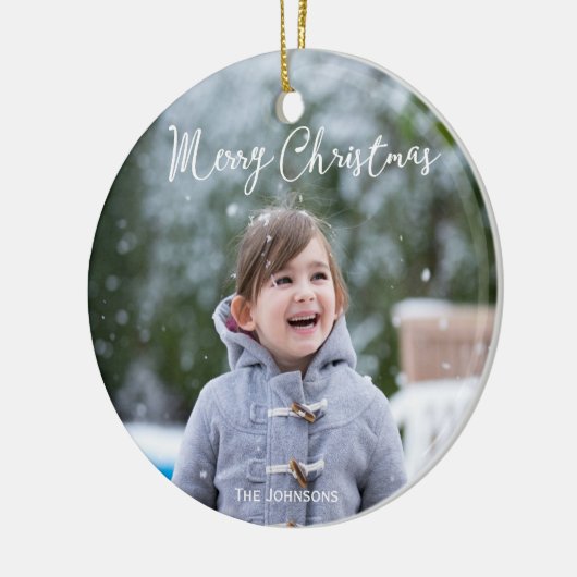 女の子と雪の写真メリークリスマスツリーオーナメント セラミックオーナメント (左)