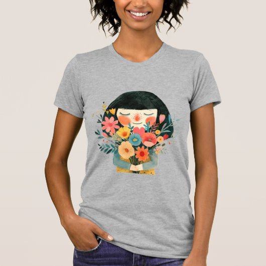 女の子と香り付き花 Tシャツ (正面)