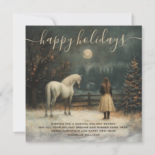 女の子と馬 | 満月の冬クリスマス シーズンカード (正面)