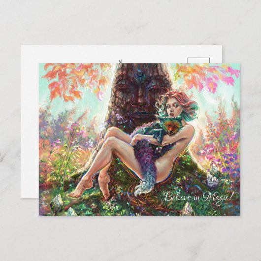 女の子と魔法のファンタジーの森の芸術 ポストカード (正面/裏面)