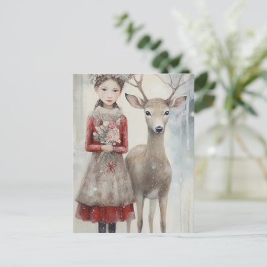 女の子と鹿の混合メディア ポストカード (スタンド正面)