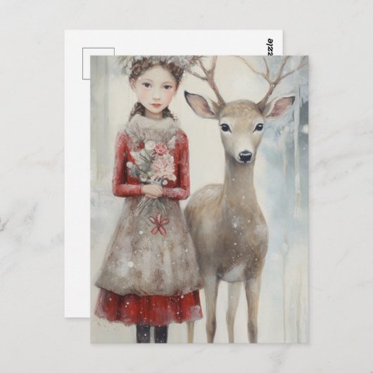 女の子と鹿の混合メディア ポストカード (正面/裏面)