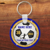 女の子にパーソナライズされた贈るサッカーの青と金ゴールド キーホルダー (正面)