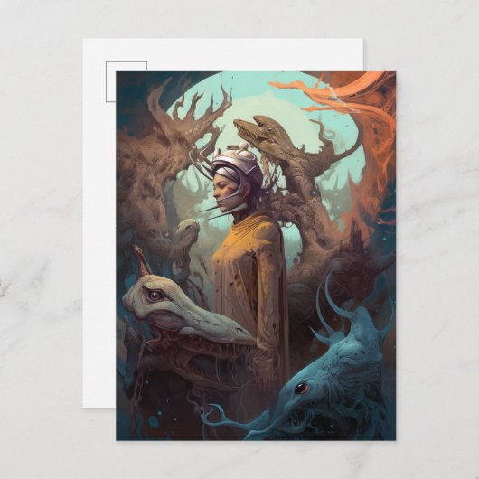 女の子に囲まれたエイリアンモンスタースルーリアルアート ポストカード (正面/裏面)