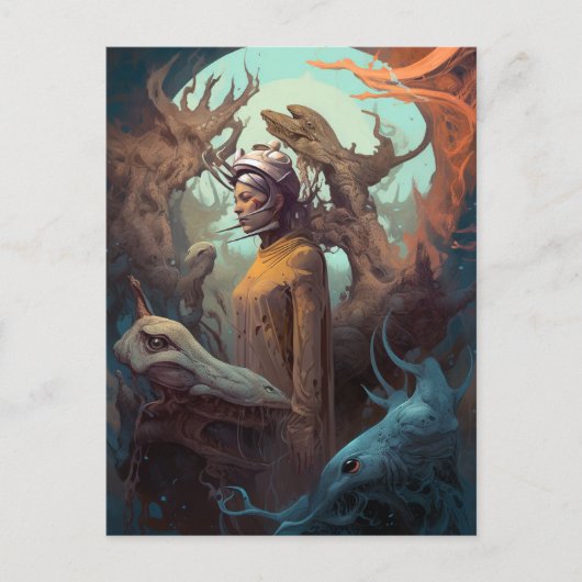 女の子に囲まれたエイリアンモンスタースルーリアルアート ポストカード (正面)