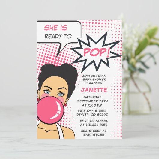 女の子に準備ができてバブルガポップ・アートのム赤ちゃんシャワー 招待状 (スタンド正面)