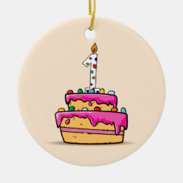 女の子のお誕生日1歳、ピンクのケーキに1 セラミックオーナメント