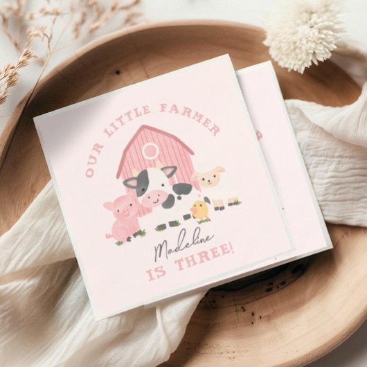 女の子のかわいいピンクの農場の動物の納屋の誕生日 スタンダードカクテルナプキン