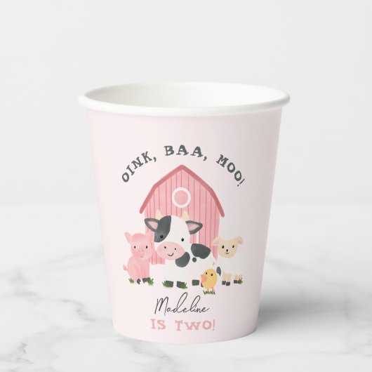 女の子のかわいいピンクの農場の動物の納屋の2歳の誕生日 紙コップ (正面)