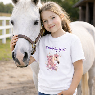 女の子のかわいいポニーパステルフラワーホースの誕生日 Tシャツ