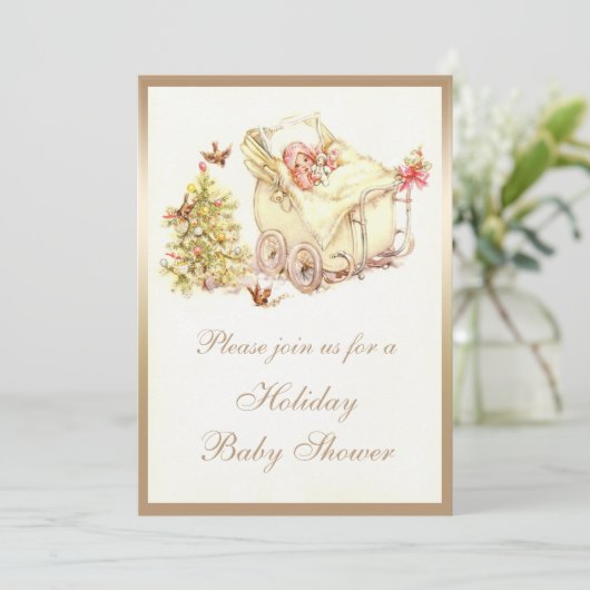 女の子のかわいいヴィンテージのクリスマスのベビーシャワー 招待状 (スタンド正面)
