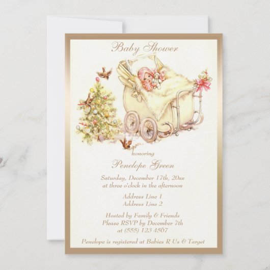女の子のかわいいヴィンテージのクリスマスのベビーシャワー 招待状 (裏面)