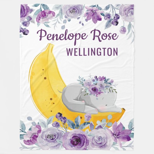 女の子のかわいい象をバナナに乗せた毛布 フリースブランケット (正面)