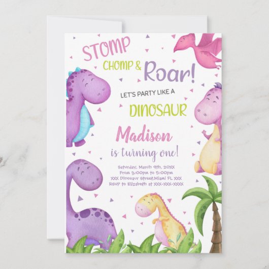 女の子のかわいい轟音パーティーカード 招待状 (正面)