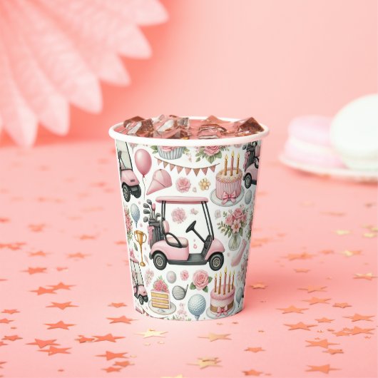 女の子のためにテーマを設定したゴルフの誕生日パーティーピンク 紙コップ (インサイチュ)