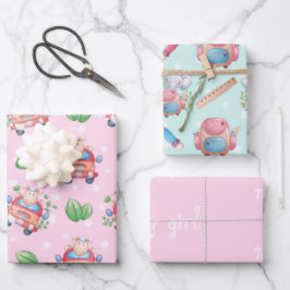 女の子のためにピンク色のベビーアニマル ラッピングペーパーシート