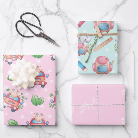 女の子のためにピンク色のベビーアニマル ラッピングペーパーシート (正面)