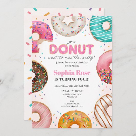 女の子のために振りかけられたドーナツの誕生日パーティー 招待状 (正面/裏面)
