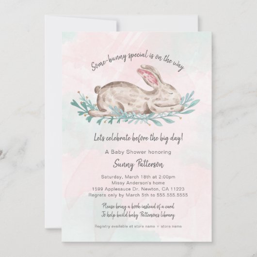 女の子のためのいくつかのバニーの特別な本の赤ちゃんシャワー 招待状 (正面)
