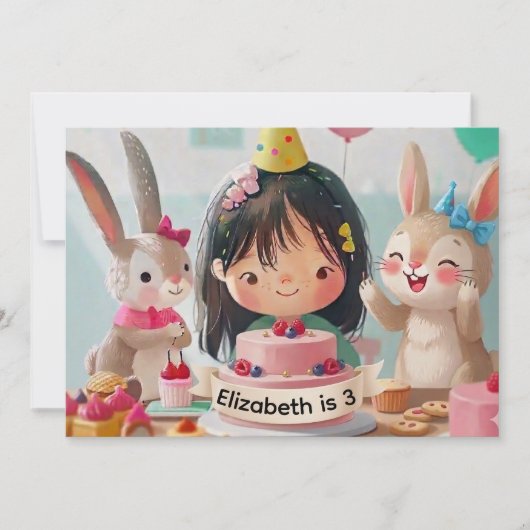 女の子のためのかわいいウサギの誕生日パーティーの招待状 招待状 (正面)