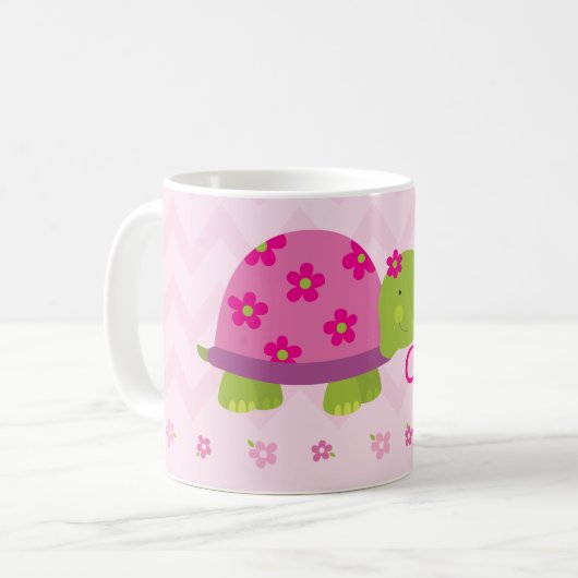 女の子のためのかわいいカメのピンクのパーソナライズなマグ コーヒーマグカップ (正面左)
