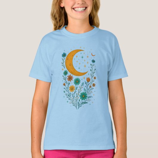 女の子のためのかわいい天体月と花の芸術Tシャツ Tシャツ (正面)