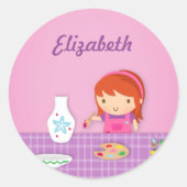 女の子のためのかわいい子供陶器の絵画の芸術 ラウンドシール (正面)