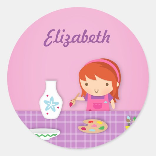 女の子のためのかわいい子供陶器の絵画の芸術 ラウンドシール (正面)
