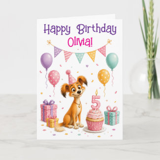 女の子のためのかわいい子犬の5歳の誕生日カード カード