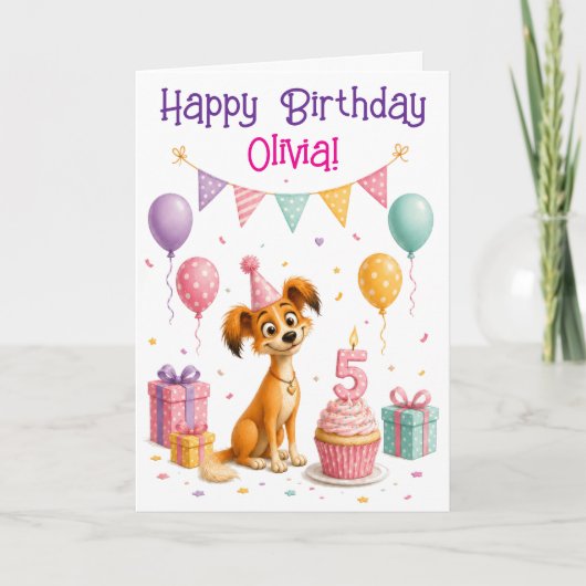 女の子のためのかわいい子犬の5歳の誕生日カード カード (正面)