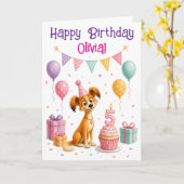 女の子のためのかわいい子犬の5歳の誕生日カード カード (黄色い花)