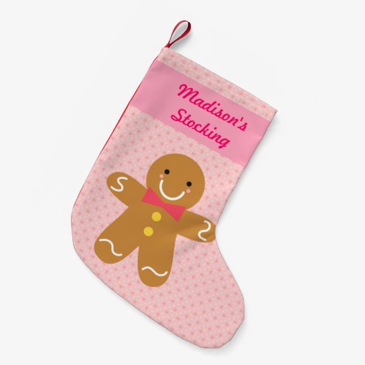 女の子のためのかわいく幸せなジンジャーブレッドマンのクリスマス スモールクリスマスストッキング (正面 (吊り時))