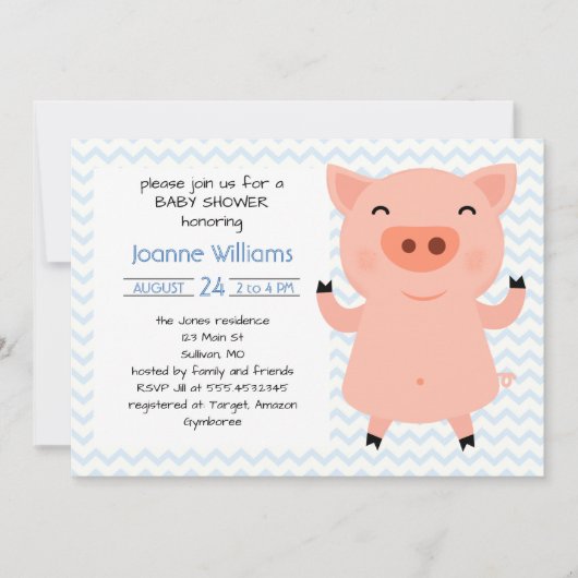 女の子のためのかわいく豚のようなベビーシャワー 招待状 (正面)