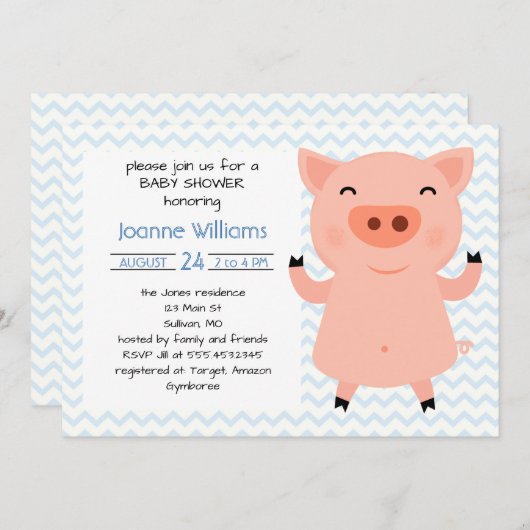 女の子のためのかわいく豚のようなベビーシャワー 招待状 (正面/裏面)