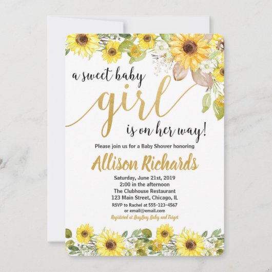 女の子のためのひまわり黄色の赤ちゃんシャワー招待 招待状 (正面)