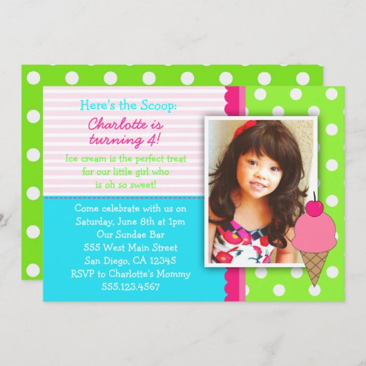 女の子のためのアイスクリームのバースデーパーティ招待状 招待状 (正面/裏面)