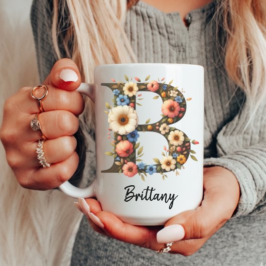 女の子のためのカスタム ワイルドフラワーイニシャルモノグラムマグ コーヒーマグカップ