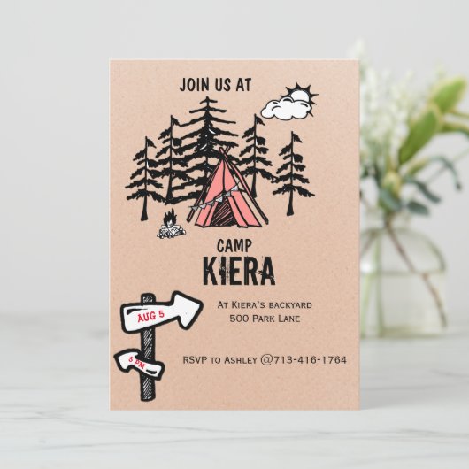 女の子のためのキャンプをテーマにした誕生日招待状 招待状 (スタンド正面)
