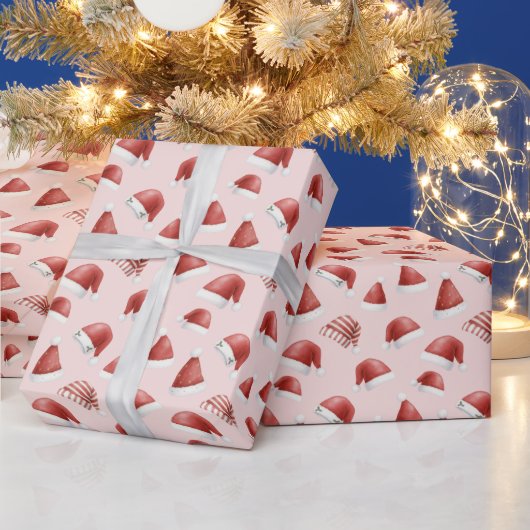 女の子のためのキュートなサンタ帽子 ピンクのクリスマス ラッピングペーパー (クリスマス)