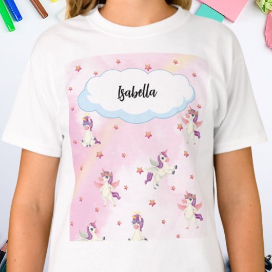 女の子のためのキュートなユニコーンとピンクの星のカスタムデザイン Tシャツ