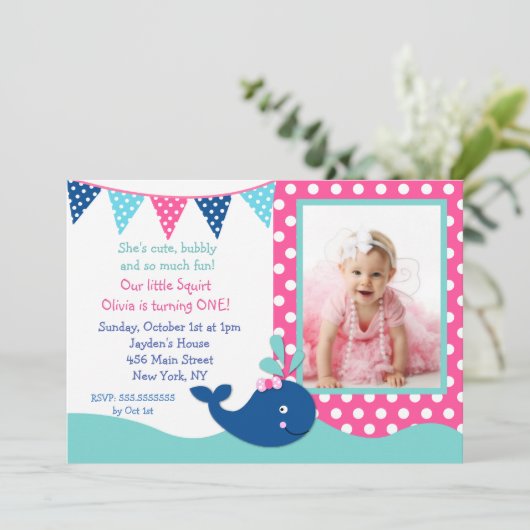 女の子のためのクジラの誕生日の招待状 招待状 (スタンド正面)