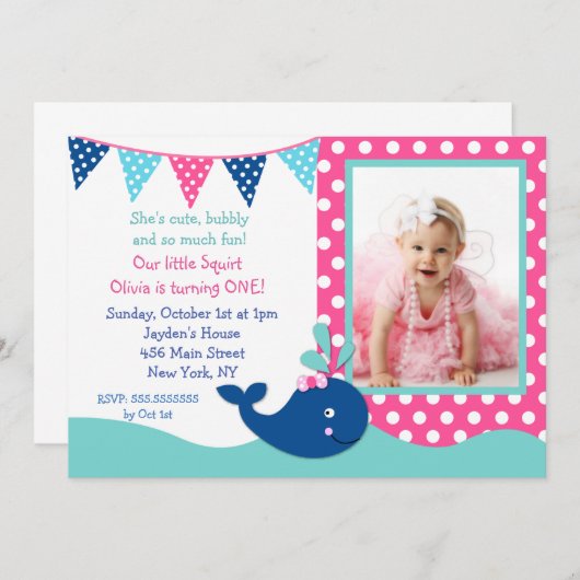 女の子のためのクジラの誕生日の招待状 招待状 (正面/裏面)