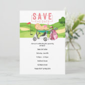 女の子のためのゴルフベビーシャワーは、日付ゴルフを保存パーティー 招待状 (スタンド正面)