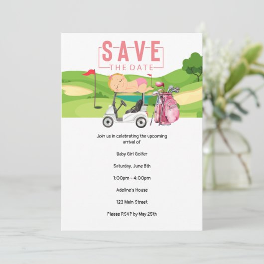 女の子のためのゴルフベビーシャワーは、日付ゴルフを保存パーティー 招待状 (スタンド正面)