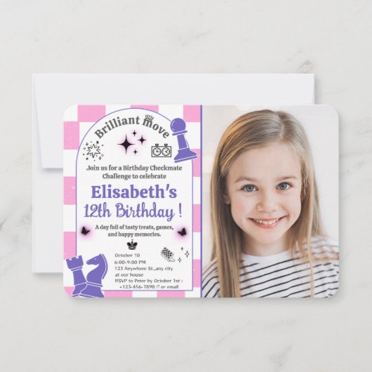 女の子のためのチェスの誕生日パカスタムーティー 招待状 (正面)