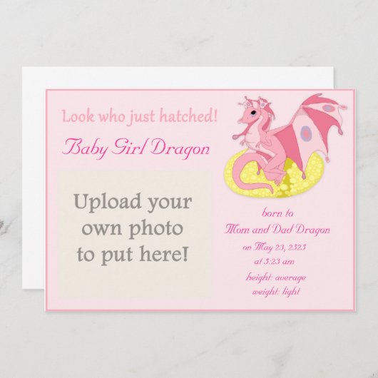 女の子のためのドラゴンのHatchlingの誕生の発表 案内状 (正面/裏面)