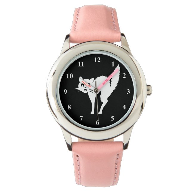 女の子のためのハロウィーンの時計 |怖い猫のデザイン 腕時計 (正面)