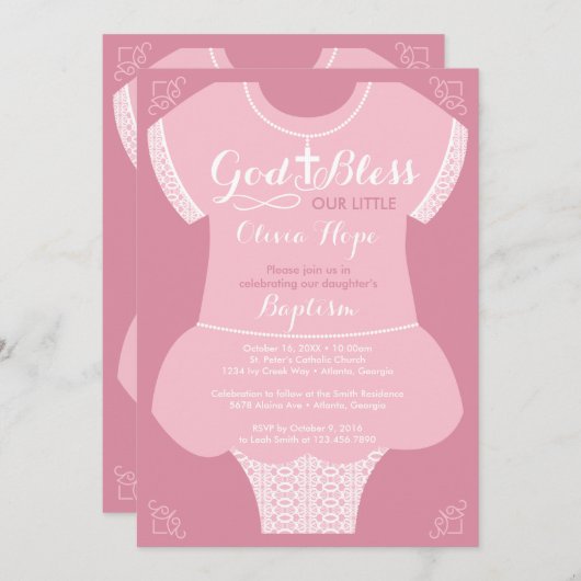 女の子のためのバプテスマの招待状，ピンクとレースのドレス 招待状 (正面/裏面)